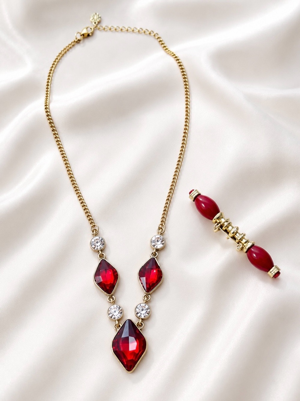 Monet Red Crystal Necklace + Coordinating Red Brooch Vintage Jewelry Set.